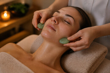 Naklejka premium A woman is receiving a facial massage with cool stones in a spa-like setting.