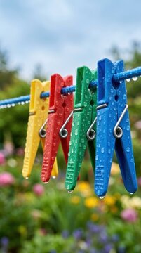 Colorful clothes pegs with raindrops on a clothesline in a vibrant garden setting.