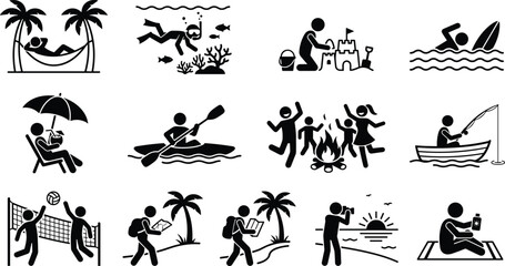 Obraz premium Set of black stick figure icons showing people enjoying various fun summer beach vacation activities including swimming surfing kayaking camping and playing volleyball games