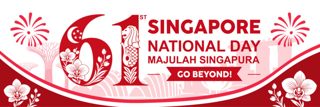 61st Singapore National Day 2026 Orchid Banner Template. Flat vector horizontal web header celebrating Singapore's 61st National Day, featuring elegant Vanda orchid corners and Merlion numbers.
