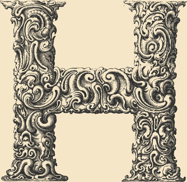 Ornate decorative letter H in stipple engraving style	