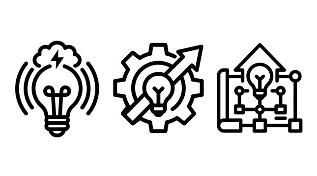 Innovative business process and strategic planning line icon collection with brainstorming optimization blueprint innovation planning strategy management architecture development lightbulb