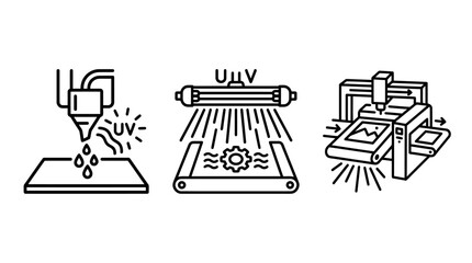 Fototapeta premium Uv printing technology process icons featuring industrial machinery curing and precision inkjet application printing technology industrial machinery production graphics illustration equipment