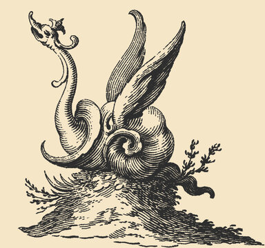 Vintage stipple illustration of mythical winged creature