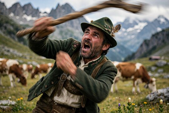 Angry Alpine herdsman in traditional Bavarian clothing shouting and swinging a wooden stick in the mountains