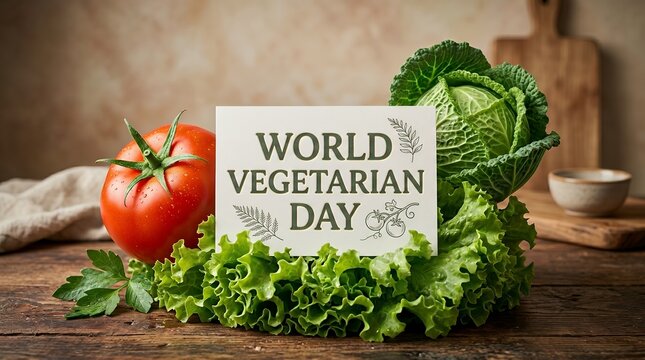 Fresh Healthy Vegetables Arrangement Celebrating World Vegetarian Day on Rustic Wooden Table