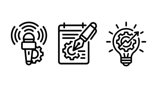 Business development and innovation process outline icons including microphone gear document writing creative lightbulb with technical writing planning icon microphone document lightbulb business