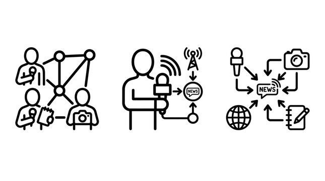 Set of journalism and media reporting concept line icons with journalism reporting reporter interview broadcasting communication information microphone journalist photographer gathering