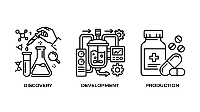 Drug discovery and pharmaceutical manufacturing process icons with pharmaceutical discovery development production medicine laboratory research biotechnology chemistry experiment analysis