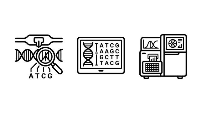 Genetic sequencing and DNA analysis laboratory equipment icons with genetics sequencing analysis laboratory biotechnology genomics research experiment diagnostic healthcare molecular