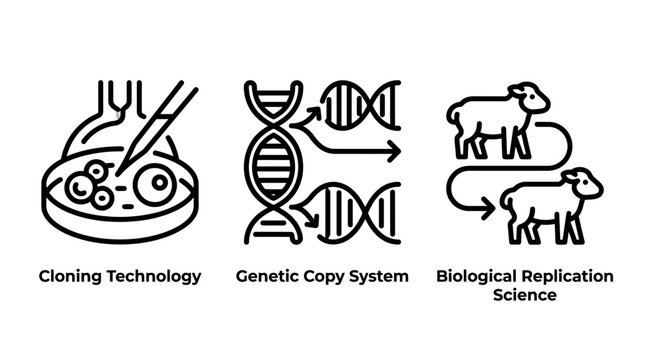 Cloning technology and biological replication science line icons with replication genetics laboratory biotechnology research experiment organism scientific genomics molecular technology