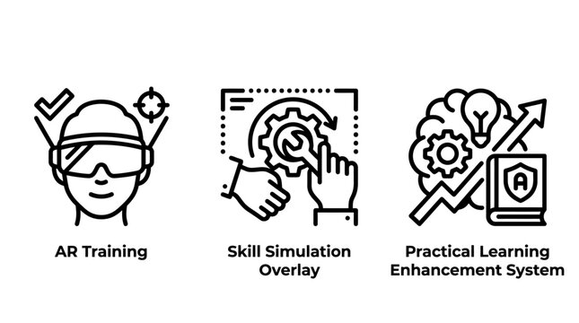 Augmented reality training and skill simulation learning icons set with training simulation augmented learning education technology development enhancement practical technical knowledge