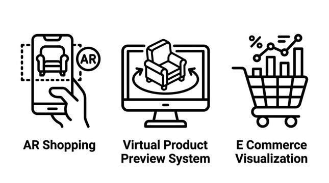 Augmented reality shopping and virtual product preview icons set with shopping augmented ecommerce visualization technology interface marketing business simulation experience interactive