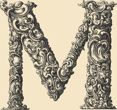 Ornate decorative letter M in stipple engraving style	
