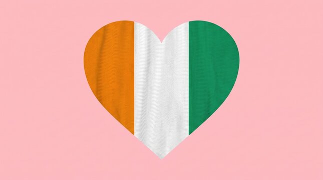 Heart-Shaped Flag of C&ocirc;te d'Ivoire with Orange, White, and Green Vertical Stripes on a Soft Pink Background