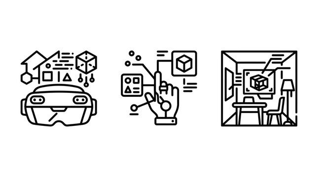 3D design modeling and virtual reality workspace icons with modeling workspace technology interface interactive geometry furniture interior visualization software application development