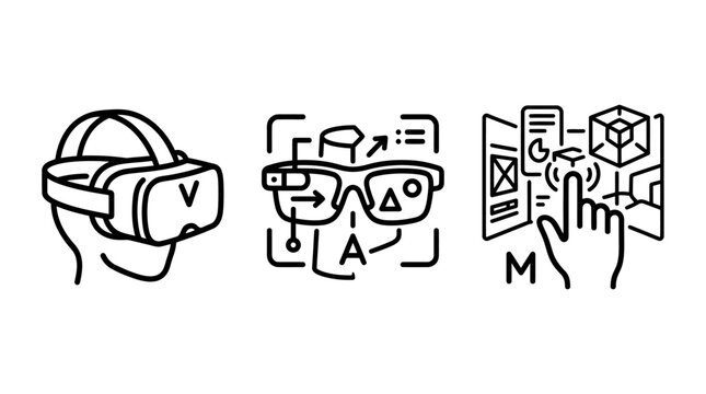 Virtual reality and augmented reality technology interface line icon set with augmented technology interface interaction headmounted experience immersive simulation innovation software