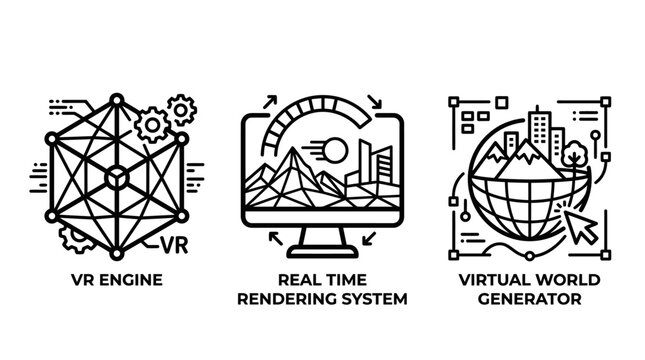 Virtual engine and 3D real time rendering world generator icons with rendering generator realtime dimensional technology development software computing simulation interface architecture