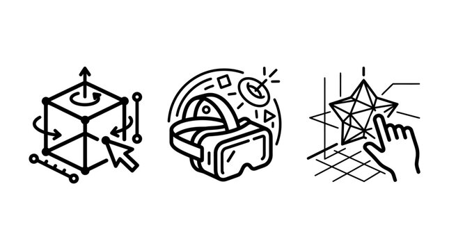 3D modeling tools and virtual reality headset icon collection with modeling dimensional selection interface software development interaction simulation computing structure technical