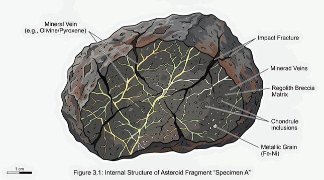 Internal structure diagram of a mineral rich asteroid fragment