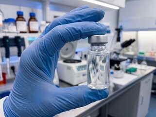Fototapeta premium Scientist Hand In Blue Glove Holding A Clear Glass Medicine Vial In Laboratory, Pharmaceutical Research And Vaccine Development Concept