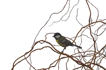 Great tit (Parus major) perched on a branch isolated on a white background © TomKorcak