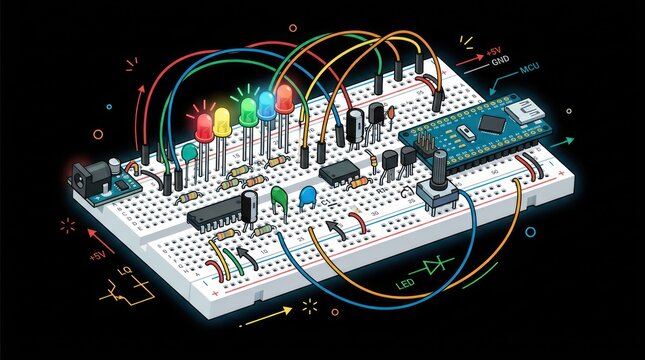 Detailed isometric breadboard with electronic components and colored led lights on display.