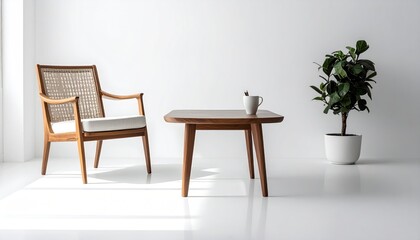 Fototapeta premium Elegant interior with wooden chair, table, plant, and mug against a bright white wall