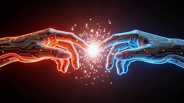 Two glowing circuit hands touching