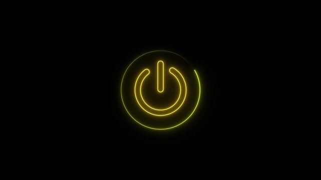 A vibrant blue neon power button symbol glowing brightly with a soft halo effect against a deep futuristic power symbol loop animation on black background 4k motion graphics.