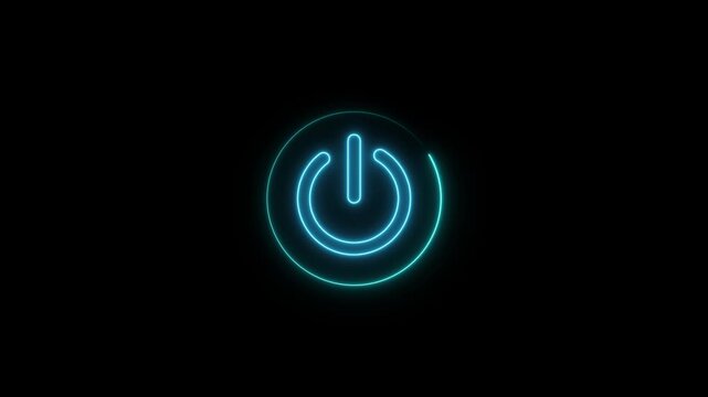 A vibrant blue neon power button symbol glowing brightly with a soft halo effect against a deep futuristic power symbol loop animation on black background 4k motion graphics.