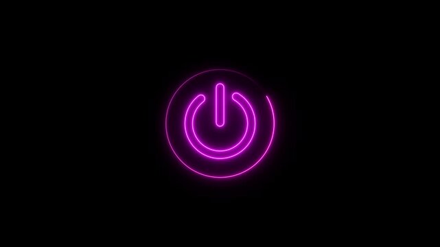 A vibrant blue neon power button symbol glowing brightly with a soft halo effect against a deep futuristic power symbol loop animation on black background 4k motion graphics.