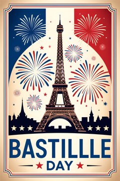 Vintage Festival Poster with Fireworks Over Landmark Tower and Cityscape Illustration