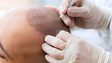Naklejka premium Close-up of technician applying scalp micropigmentation with fine tattoo needle on balding man's scalp, precise dot pattern technique