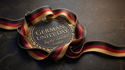 Ornate German Unity Day Emblem with Embossed Text and Patriotic Ribbon