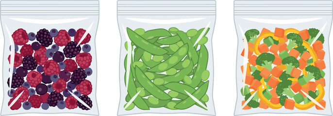Frozen Food Zip Lock Plastic Bags Vector Illustration Set Featuring Mixed Berries Green Edamame Beans And Chopped Vegetables For Healthy Nutrition Concepts © Tanjimul