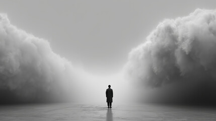 Fototapeta premium Solitary figure stands facing dense wall of fog, evoking sense of mystery and anticipation. scene is monochromatic, enhancing mood of uncertainty and introspection