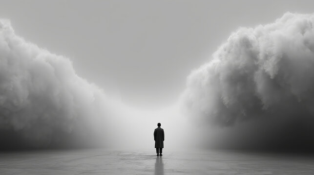 Solitary figure stands facing dense wall of fog, evoking sense of mystery and anticipation. scene is monochromatic, enhancing mood of uncertainty and introspection