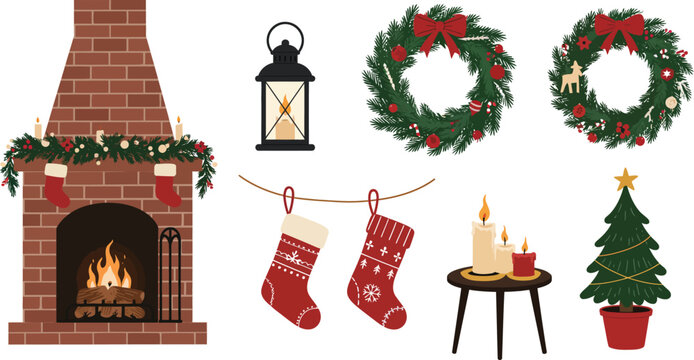Set of festive christmas decorations including a brick fireplace with fire stockings wreaths a lantern a small tree and candles on a table
