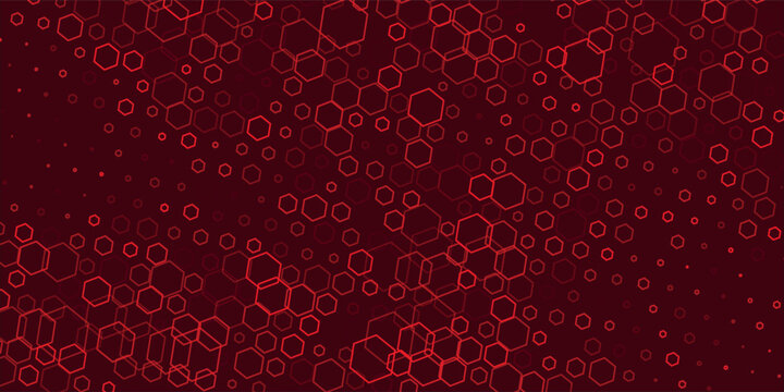 Abstract dark hexagon pattern on red neon background technology style. Modern futuristic geometric shape web banner design.