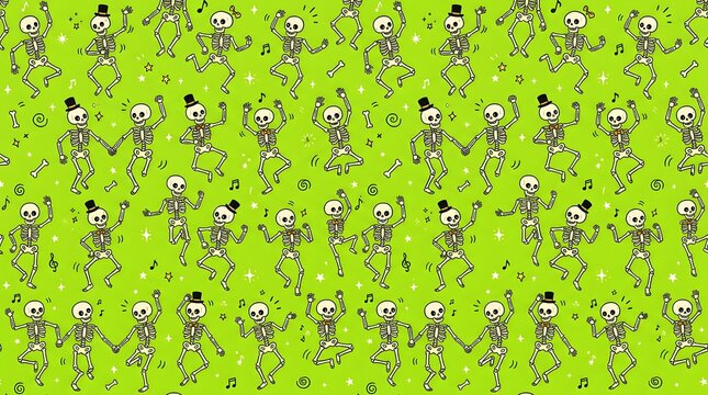 Seamless pattern with funny dancing skeletons on green background