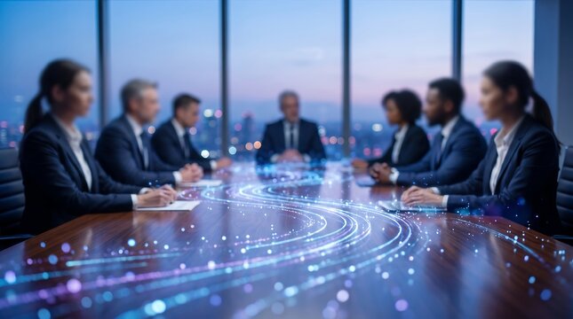 Corporate executives in boardroom with digital data flow visualization connecting team for strategic decision