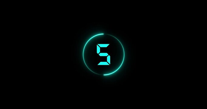 10 to 0 second modern digital countdown timer neon circle light style on black background animation. 10 seconds simple countdown timer dynamic visuals