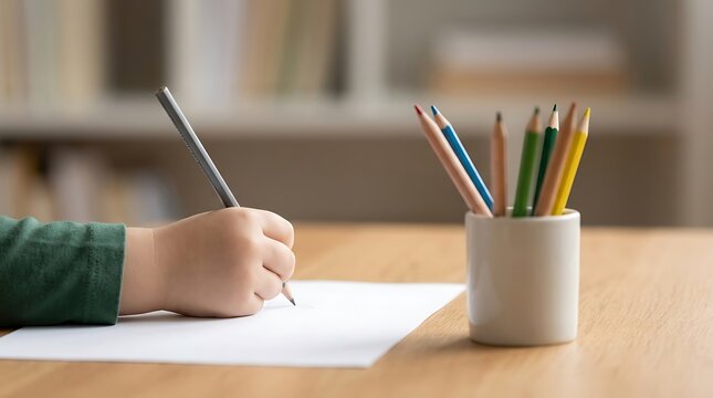 Close-up of a young child hand holding a pencil and writing on a blank white sheet of paper with a cup of colorful pencils on a wooden desk surface