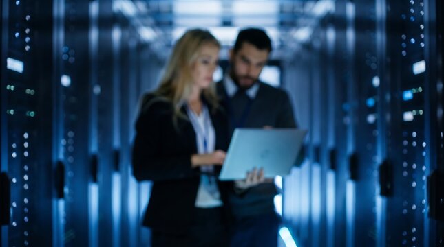 Professional data center technicians collaborating on server maintenance using laptop in modern high tech facility with blue ambient lighting and blurred server racks in background