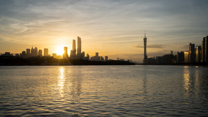 Obraz premium Riverside urban skyline sunrise scenery, Guangzhou China