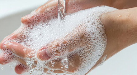 Fototapeta premium Fresh Water Washing Hands with Soap Bubbles, Hygiene Close-up