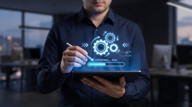 Professional man using digital tablet with futuristic gear icon loading bar interface for software update in dark modern corporate office environment at night