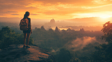 Fototapeta premium Young Female Backpacker Standing on Cliff Edge Watching Sunrise over Misty Tropical Valley and Forest