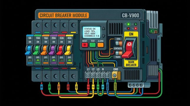 Circuit breaker module panel with multiple switches and voltage status display screen unit.